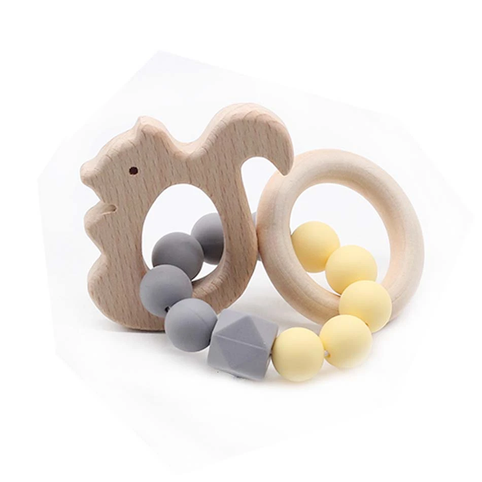 Прорезыватель для зубов из натурального дерева с силиконовыми бусинами 1 шт. |