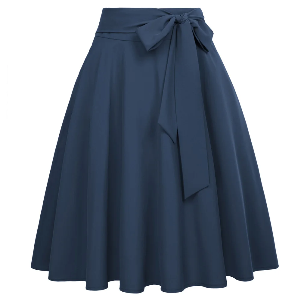 Oxford Blue Женские однотонные юбки с завышенной талией, с бантом, украшенные, большие, свободные, элегантные, Ретро стиль, трапециевидная юбка, faldas mujer - Цвет: Oxford Blue