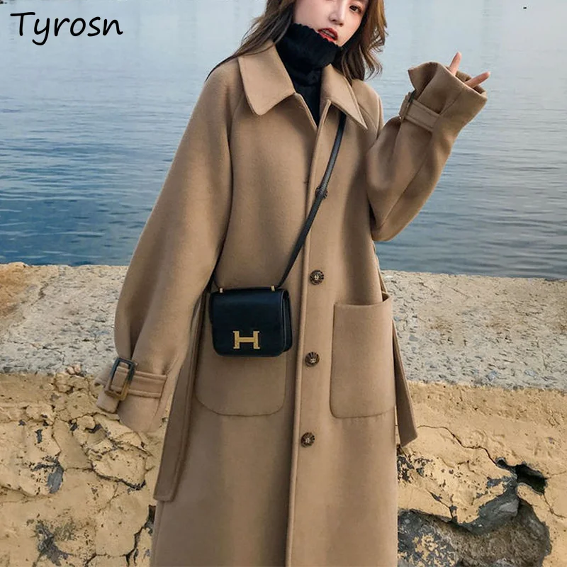 

Women Wool Blends Coat Elegant Femme Solid Daily Single Breasted All-match Ulzzang Long High Quality Outwear Temperament Casual