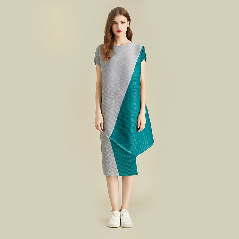 LANMREM летнее Новое асимметричное цветное лоскутное плиссированное платье famale 2021