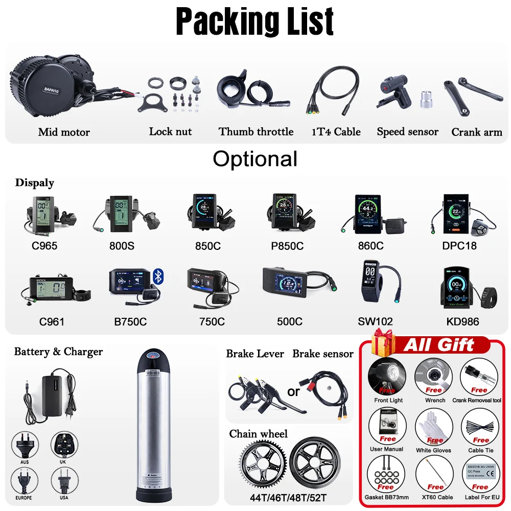 

Bafang BBS01B 36V 5000W Mid Crank Drive Motor Electric Bicycle Conversion Kit w/ 36V 10Ah Electric Bike Battery eBike Pack Kit