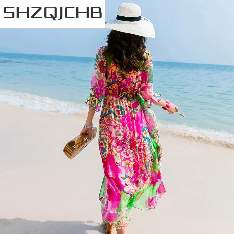 

SHZQ Spring Summer Silk Long Dress Women Long Print Floral Dress Elegant Ladies Party Office Wear Vestidos Verano 2021 LWL1561