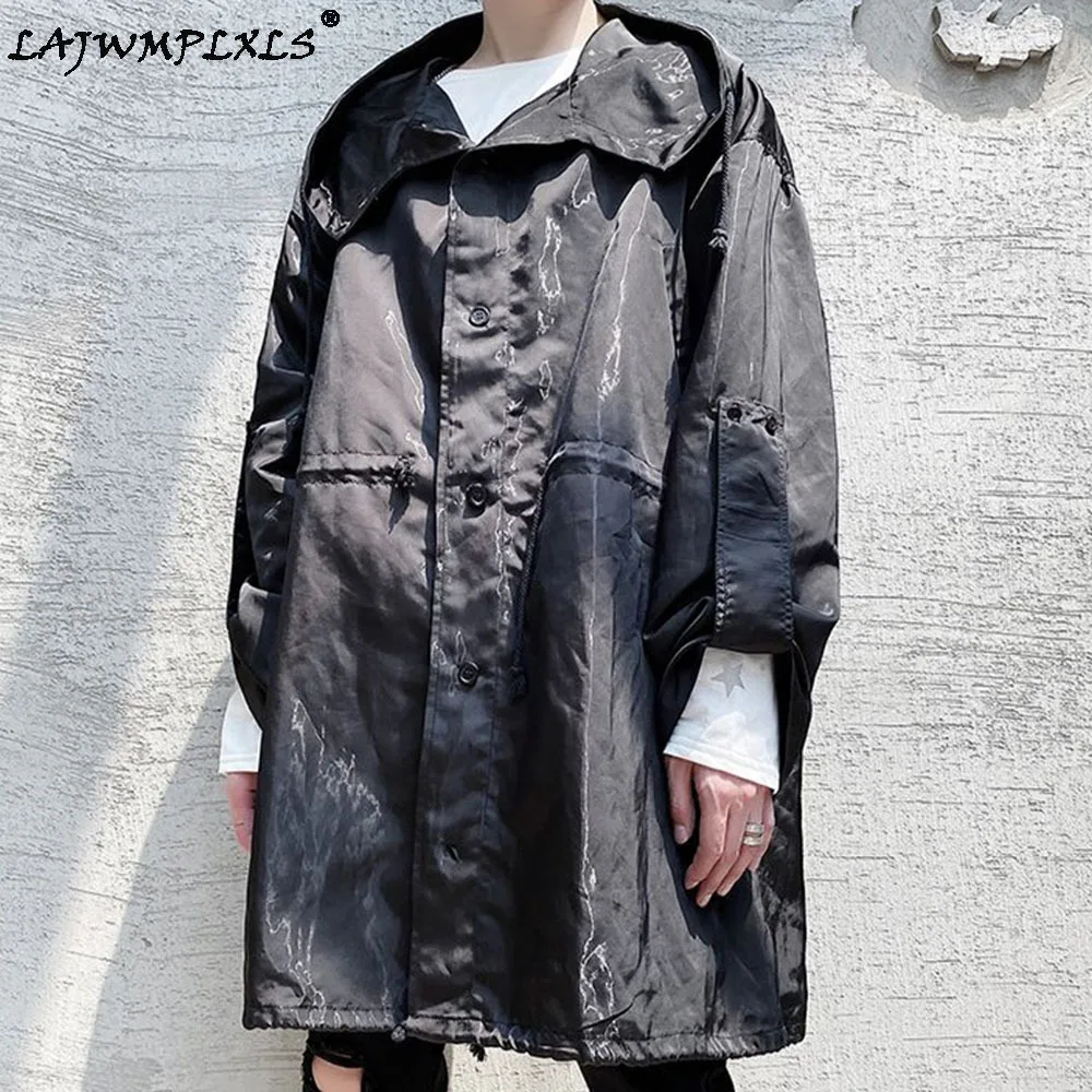 

Spring Autumn Mid-length Goth Oversized Trench Coat Men Windbreaker With Hood Long Sleeve Buttons Up Korean Fashion