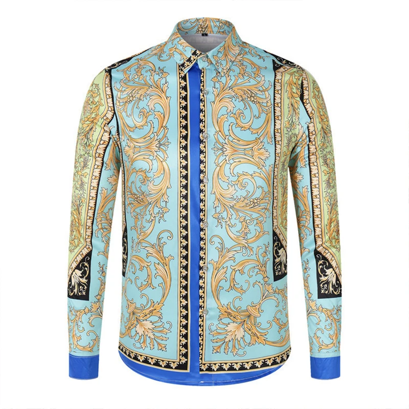 

2021 men top new European, American and British 3D printing gold flower carving pattern versatile fashion long-sleeved shirt
