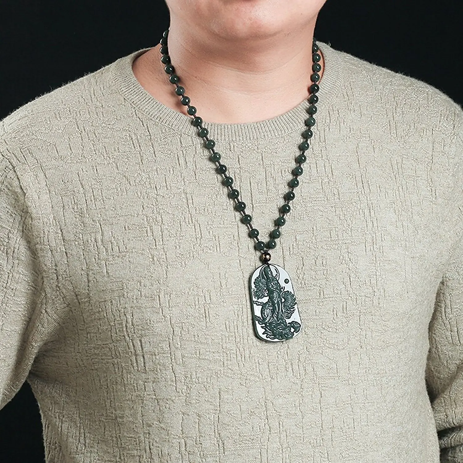 

LETSFUN Fine Jewelry Master Design Engraving Green Jade Dragon Bodhisattva Kwan-Yin Buddha Necklace Pendant Free Shipping
