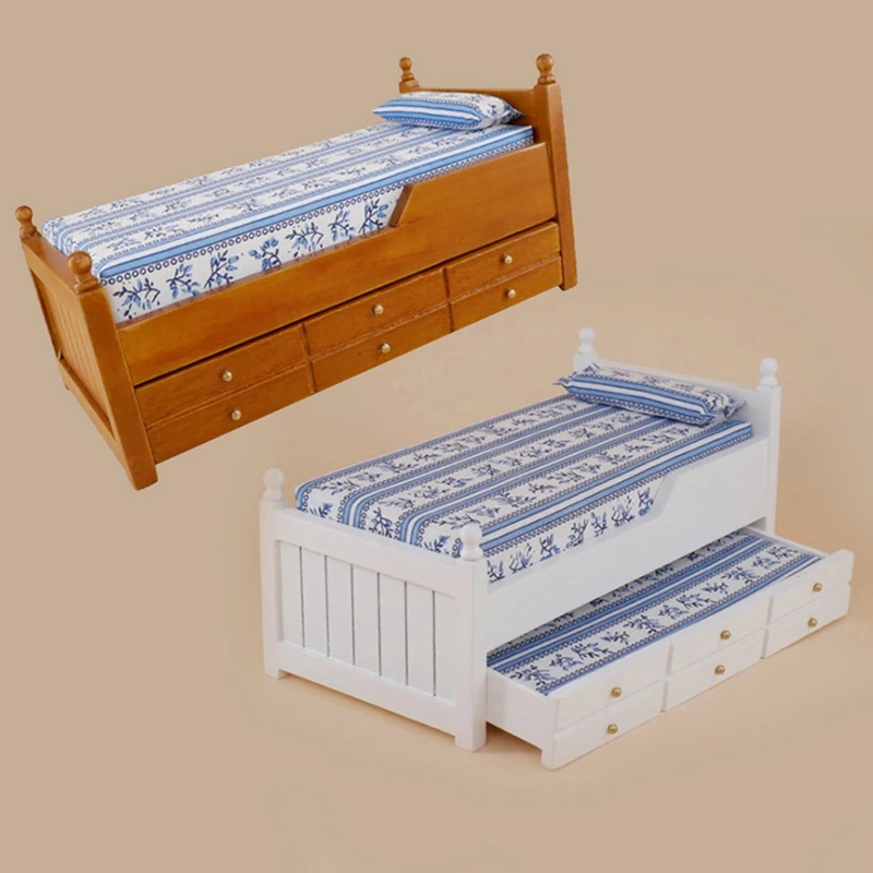 

Simulation Children's Bed Toys for 1:12 Doll House Mini Furniture Model Toy Bed Wooden Girl's Favourite with Sliding Drawers