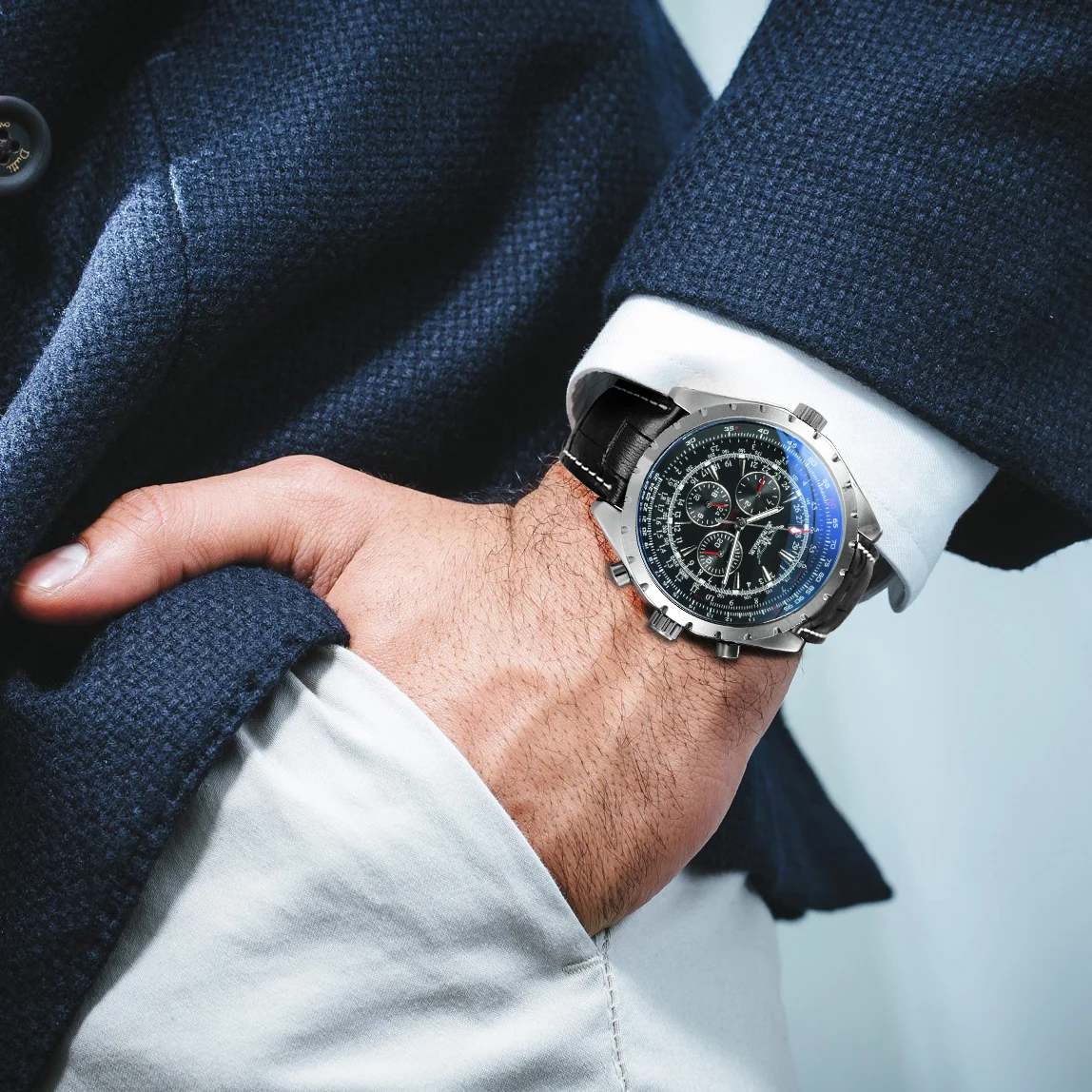 

Top Brand Luxury Jaragar Men Mechanical Automatic Wristwatches Pilot Watch Leather Strap Sport Watches 3 Sub-dials Reloj Hombre