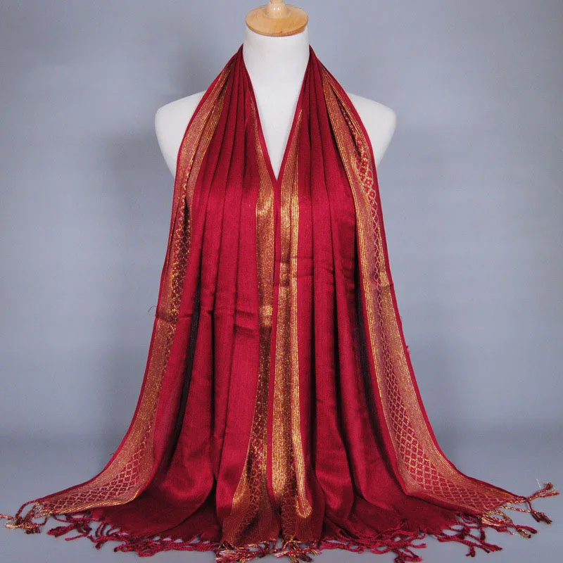 wine red Cotton Lady Scarf Islamic Hot Sale Golden Thread Headband 16 Colors Scarves Women Soft Shawl Tassel Wrap - Цвет: wine red