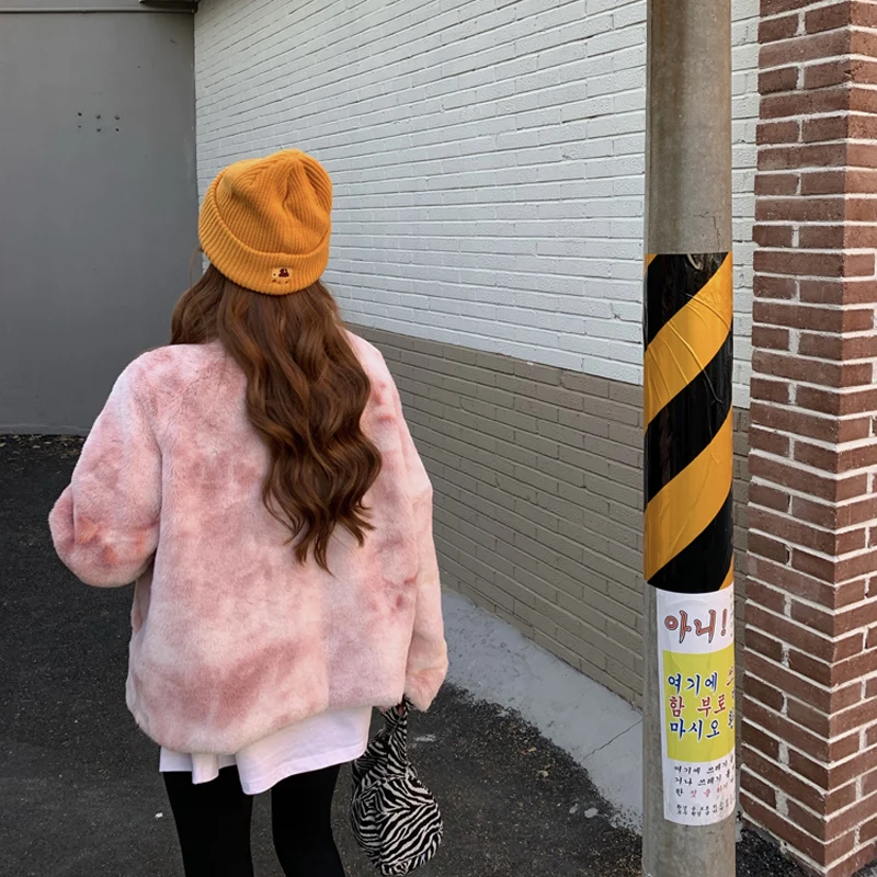 PERHAPS U Women Gray Pink Faux Fur Jacket Outwear Zipper Warm Thick Tie dye Chic Elegant C0476