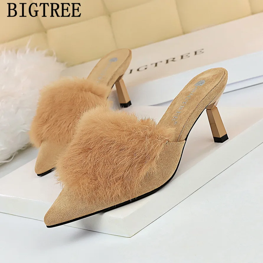 Пикантная обувь Меховые шлепанцы Туфли под платье женские туфли без пяток на