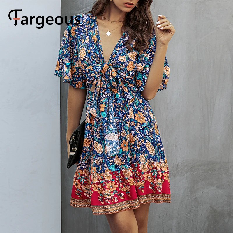 Фаргезус сексуальное платье с V-образным вырезом Boho принтом SHollow для женщин 2020