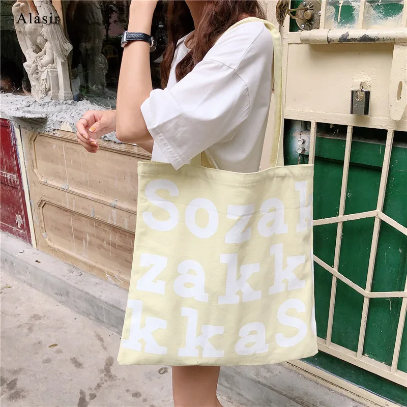 

Alasir Fashion Letter Canvas Bag Cotton Funny Grocery Shopping Bag Letter Shoulder Bag Women Korea Casual Artsy Tote Female