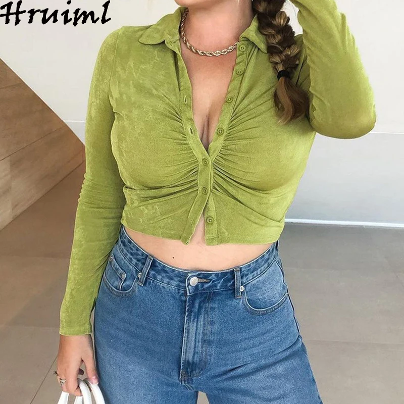 

Блузка женская однотонная с длинным рукавом, Модная элегантная рубашка с отложным воротником, облегающий шикарный укороченный топ с рюшами...