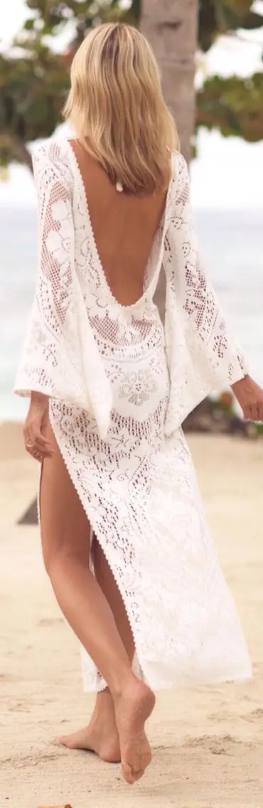 

Cutubly Lace Dress Women 2020 Sexy V-Neck Dress Beach White Maxi Dresses for Women Floral Flare Sleeve Summer Dresses Beachwear