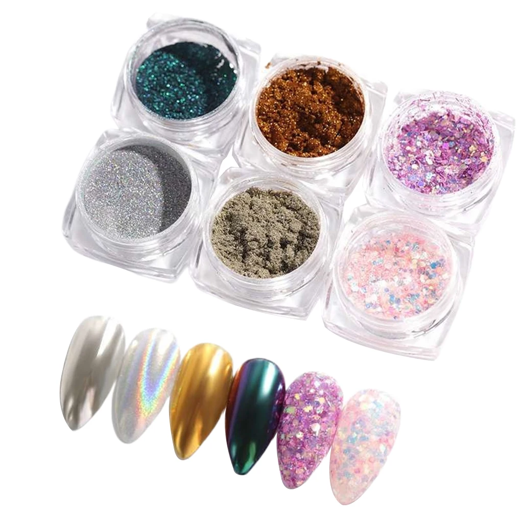 

6 Pieces Iridescent Holographic Mermaid Nail Glitters Powder Sequins Flakes