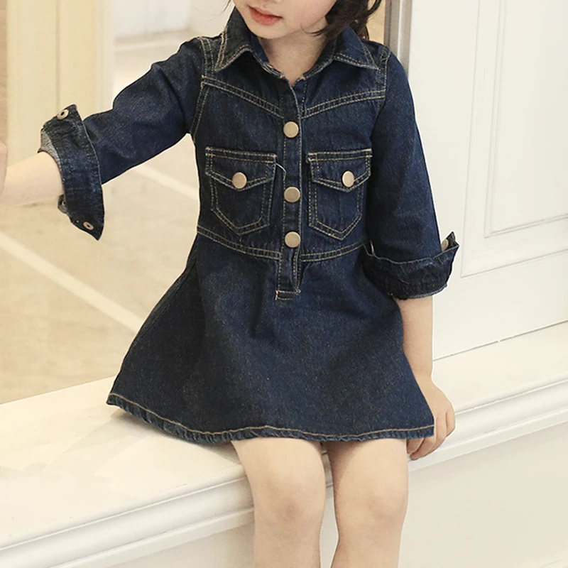 

Girls Dress 2020 Spring Children'S Clothing Korean Style Long-Sleeved Denim Children'S Clothing Lapel Nine-Point Sleeve Dress