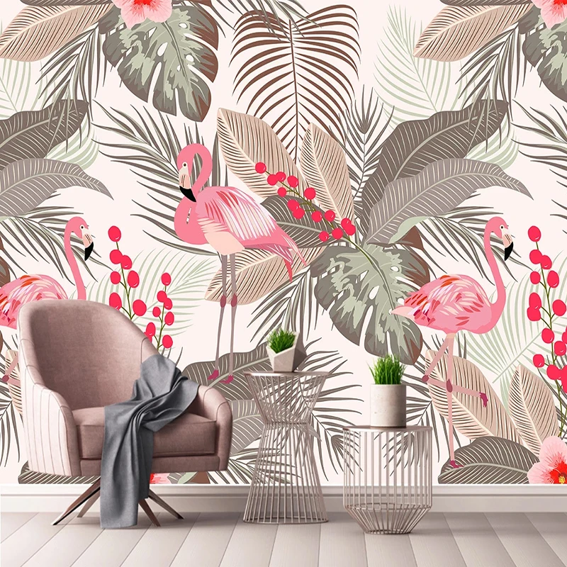 

Drop Shipping Custo Any Size 3D Wall Mural Wallpaper Modern Tropical Leaves Pink Bird Wall Painting Waterproof Sticker