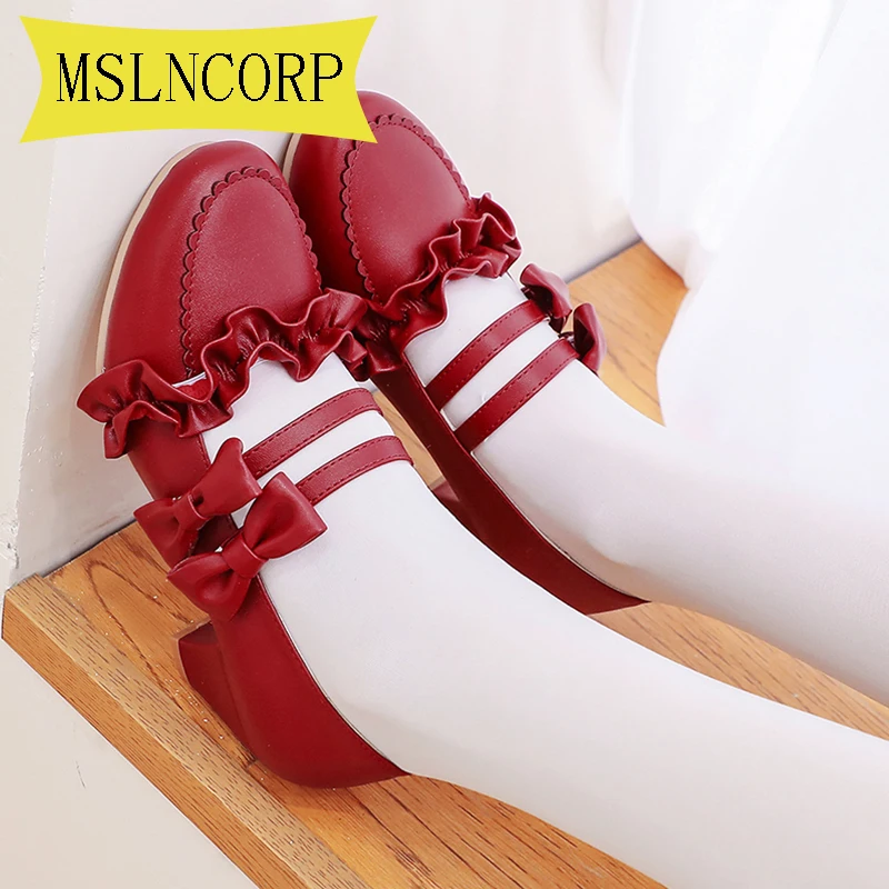 

Big Size 34-43 Lolita Shoes Mary Janes Women's Cosplay High Heels Ladies Wedding Shoes Female PU Leather Woman Non Slip Footwear