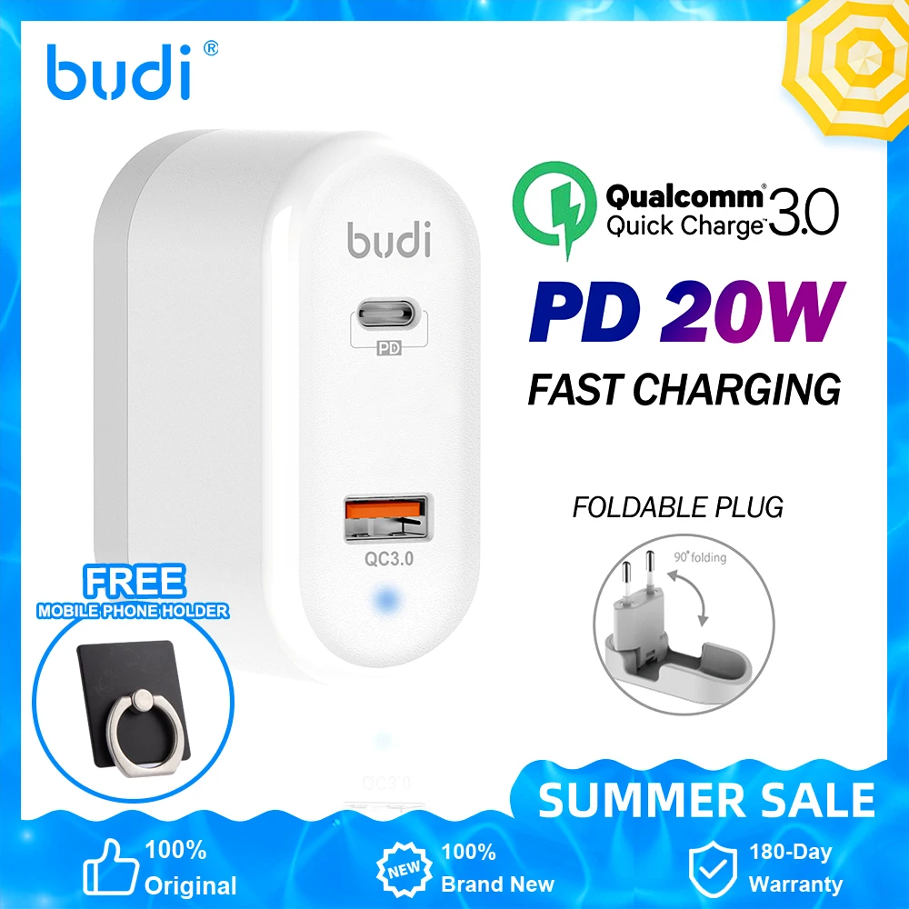 Зарядное устройство BUDI сетевое с поддержкой быстрой зарядки 3 0 QC и USB Type-C 20 Вт |