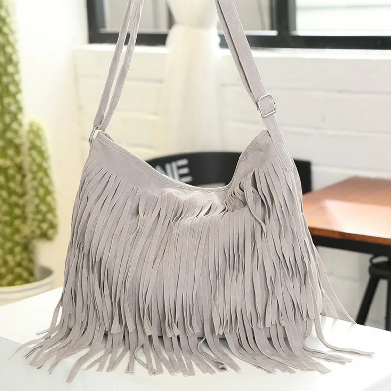 Винтажная Женская замшевая дамская сумка с бахромой большая кисточка