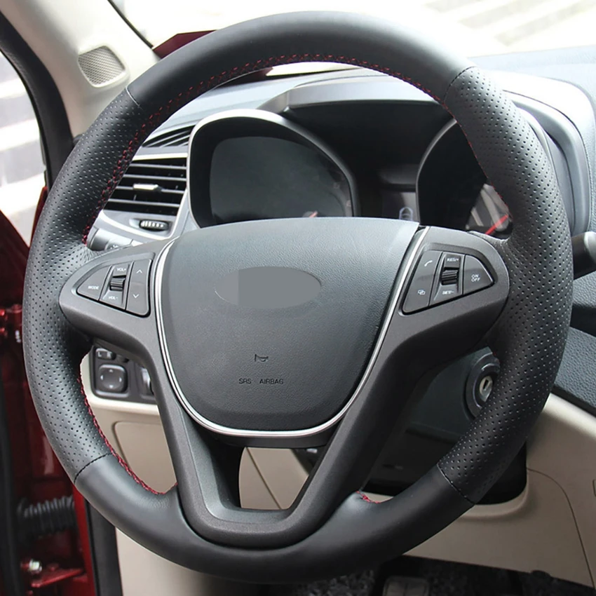 Рука сшитый черный искусственной кожи Чехлы рулевого колеса автомобиля чехол