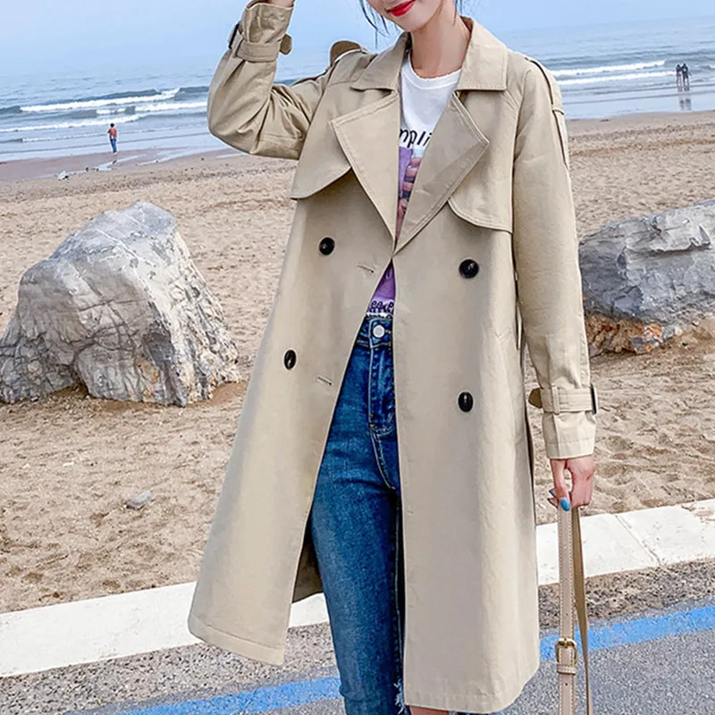 

Women Casual Long Trench Coat With Sashes Double Breasted Women's Windbreaker 2021 Chic Office Coat Ladies Outerwear