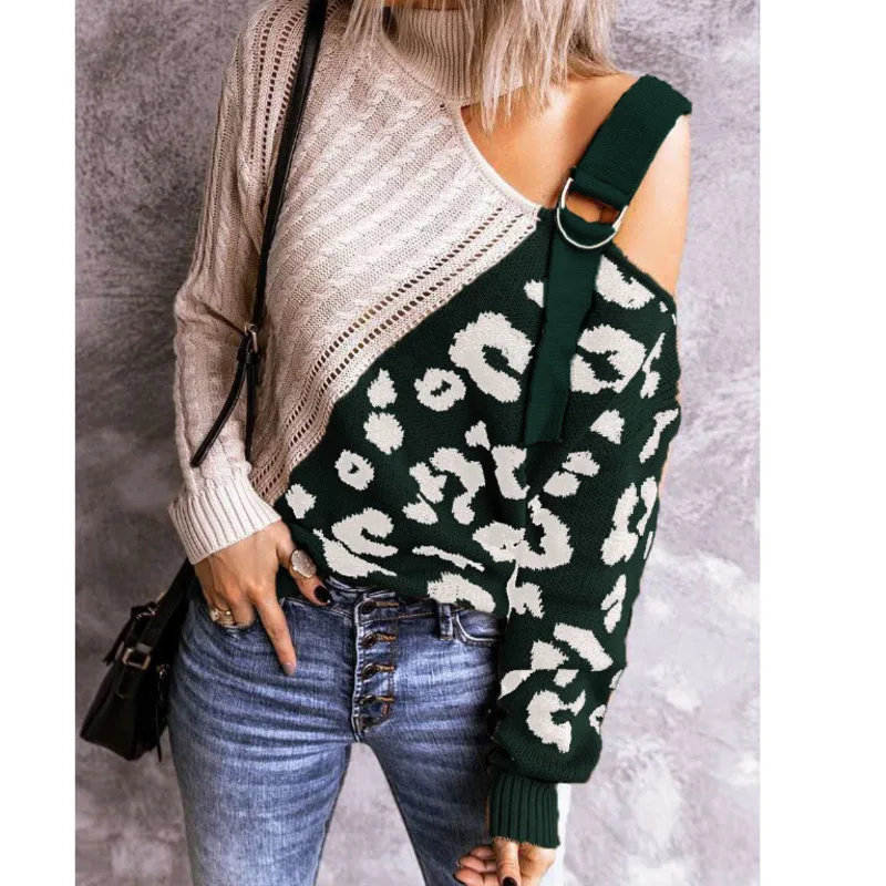 Женский леопардовый свитер в полоску вязаный стильный джемпер с высоким