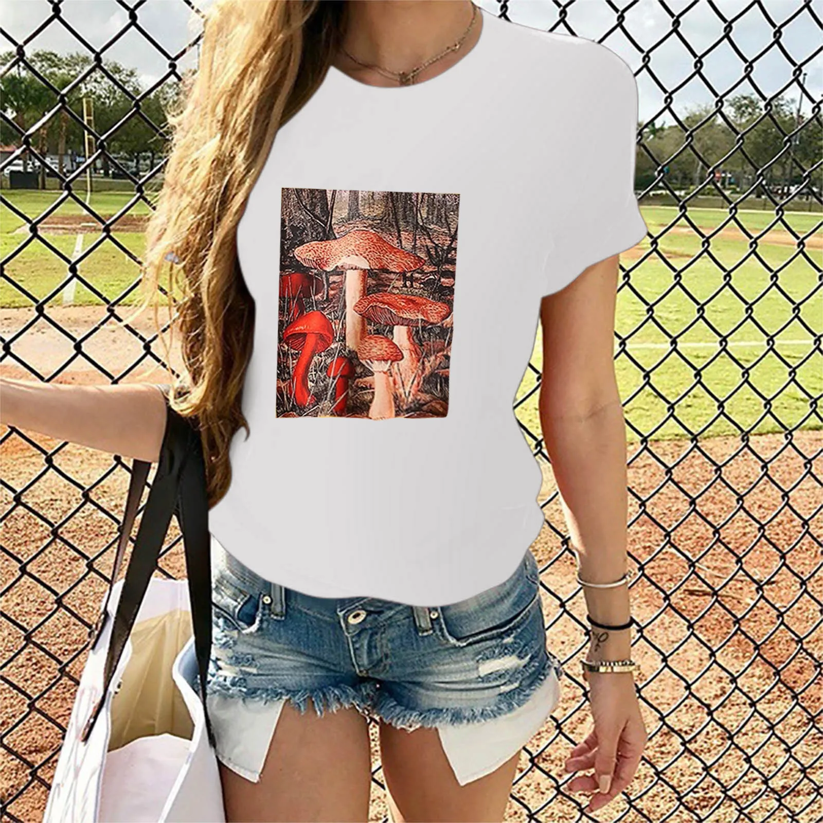

Women Mushrooms Print Round Neck Short Sleeve Christmas Print Loose T-Shirt Top