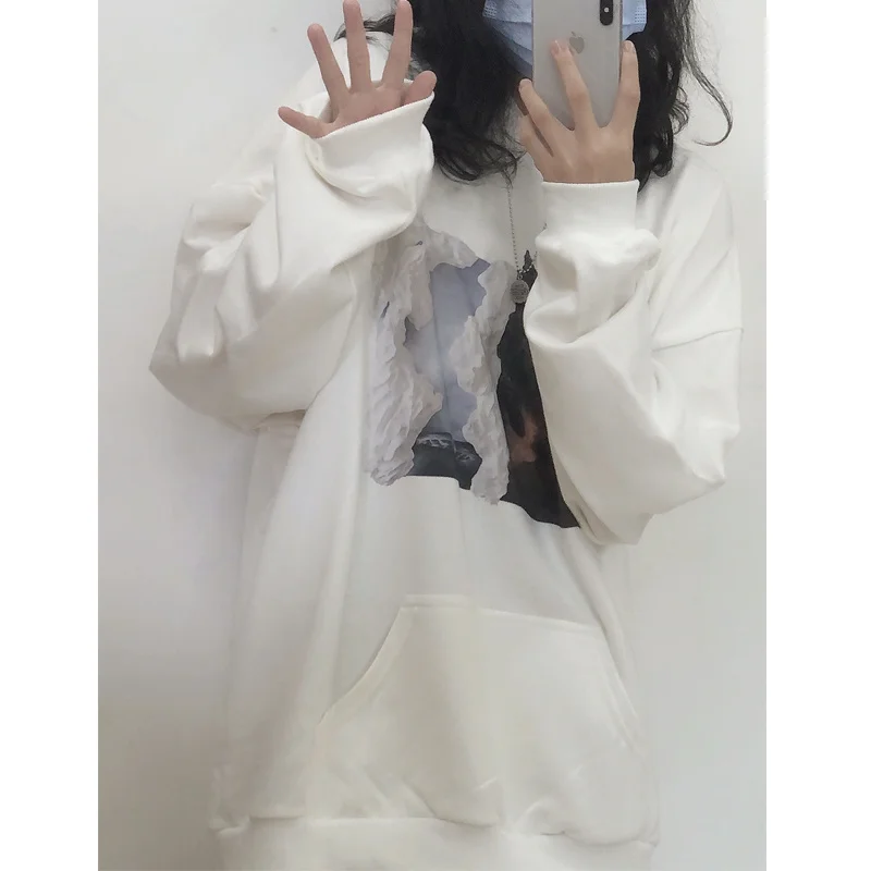 Толстовка женская оверсайз из чистого хлопка модный белый свитер пальто худи в