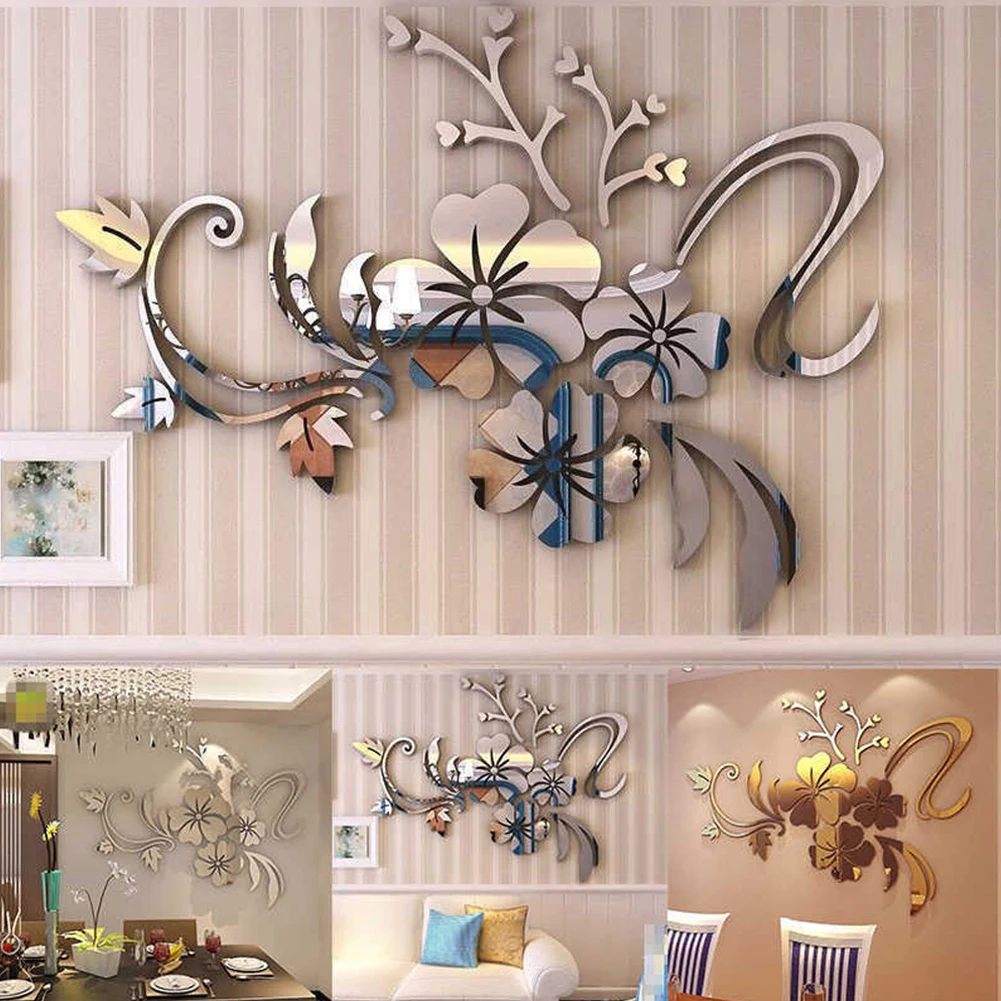 

3D Flower Wallpaper DIY Acrylic Mirror Stickers Sofa Background Wall Decals Removable Adhesive Wallpaper Living Room Decor