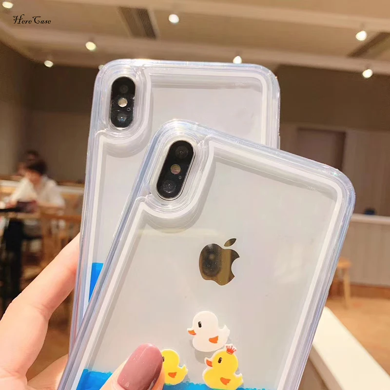 Luxury Cartoon 3D Swimming Duck For iPhone 12 11 13 Pro Max XS Animal Dynamic Liquid Quicksand Cover For iPhone 6S 7 8 Plus Case