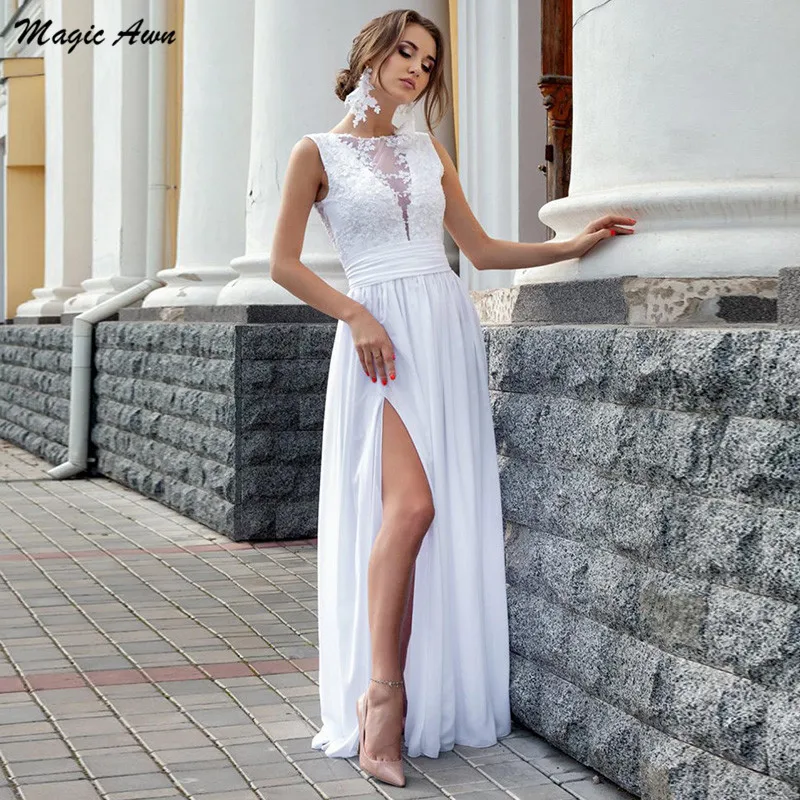 

Magic Awn White Chiffon Beach Wedding Dresses With Side Split Lace Appliques Illusion Boho A-Line Mariage Gowns Abito Da Sposa