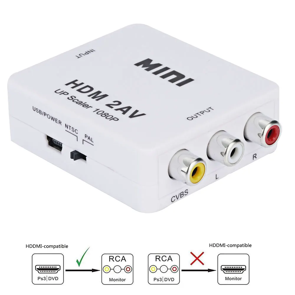 

1080P HDMI-совместимый с AV-адаптером HD-видео композитный конвертер HDMI-совместимый с RCA AV/CVSB L/R видео HDMI2AV для PS3/ПК/VCR