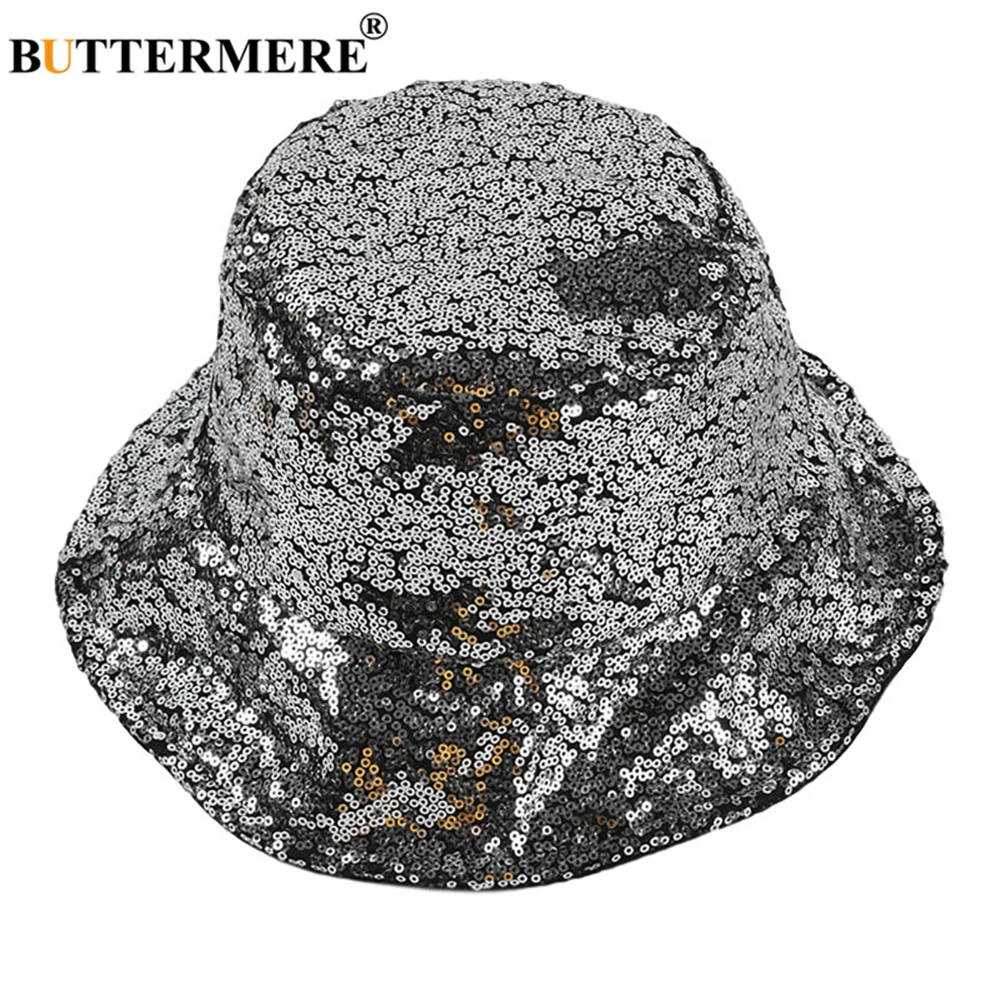 

BUTTERMERE Paillette Bucket Hat Women Silver Hats for Women Autumn Winter Foldable Wide Brim 2021 New Fashion Fishing Hat