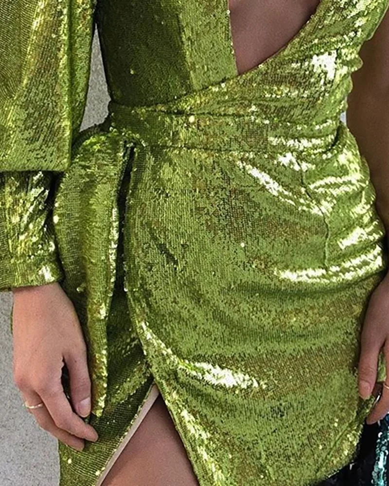

2021 New Sexy Sequin Dress One-shoulder Deep V Lantern Sleeve Skinny Split Skirt Hollow Sparkling Split Mini Women Summer Dress