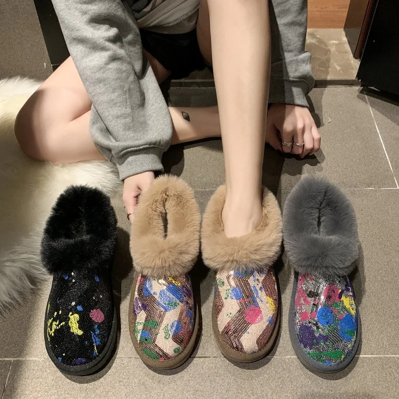 

Snowboots Womens Colorful Sequins Fashion Winter New Womens Boots Korean Style Flat Platform High-top Plush Cotton Fahion Shoes