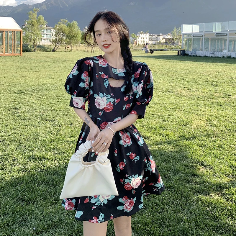 

Korea 2021 Women Summer Fashion Sexy Hollow Out Print Party Dress Vintage A-line Puff Sleeve O-neck Elegant Dress Vestidos