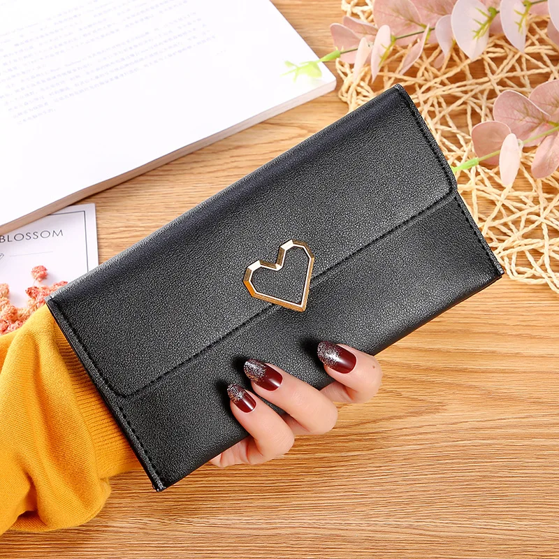 

New Cute PU Leather Heart-Shaped Decoration Long Multi-Card Purse Buckle Clutch Mobile Phone Student Women'S Wallet