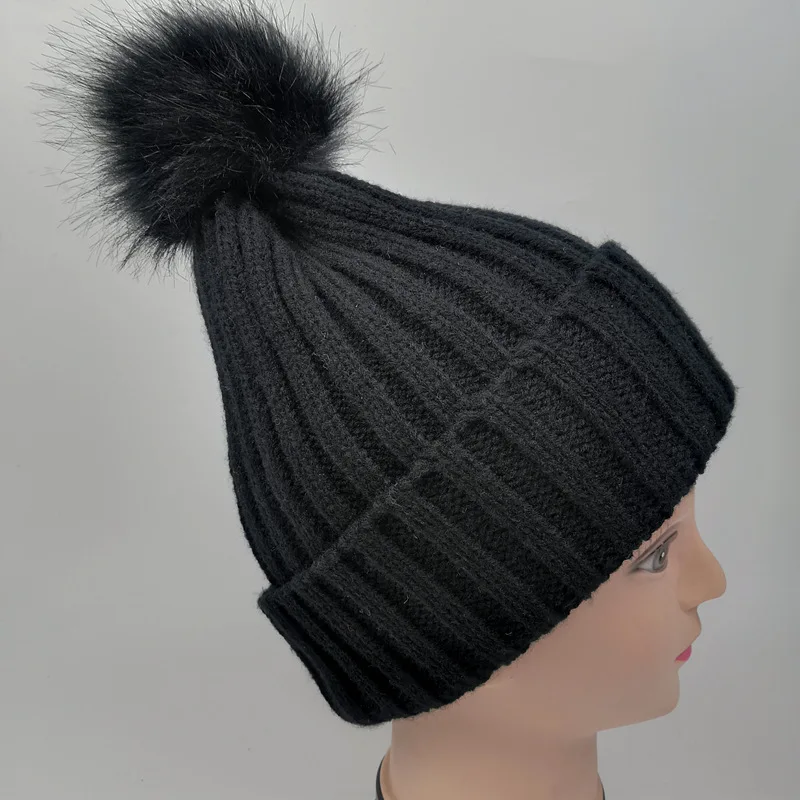 Вязаная шапка с помпоном из искусственного меха для взрослых зимние однотонные