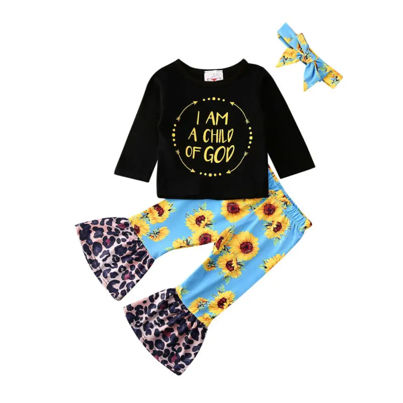 

Cute Toddler Baby Girls Clothes Long Sleeve Letter T shirt Tops+Sunflower Long Pants+Headband 3PCS Outfits Set