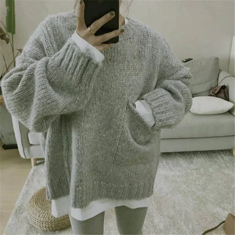 

Свободный женский свитер однотонные осенне-зимние теплые пуловеры с круглым вырезом уютная трикотажная одежда в Корейском стиле ленивый С...