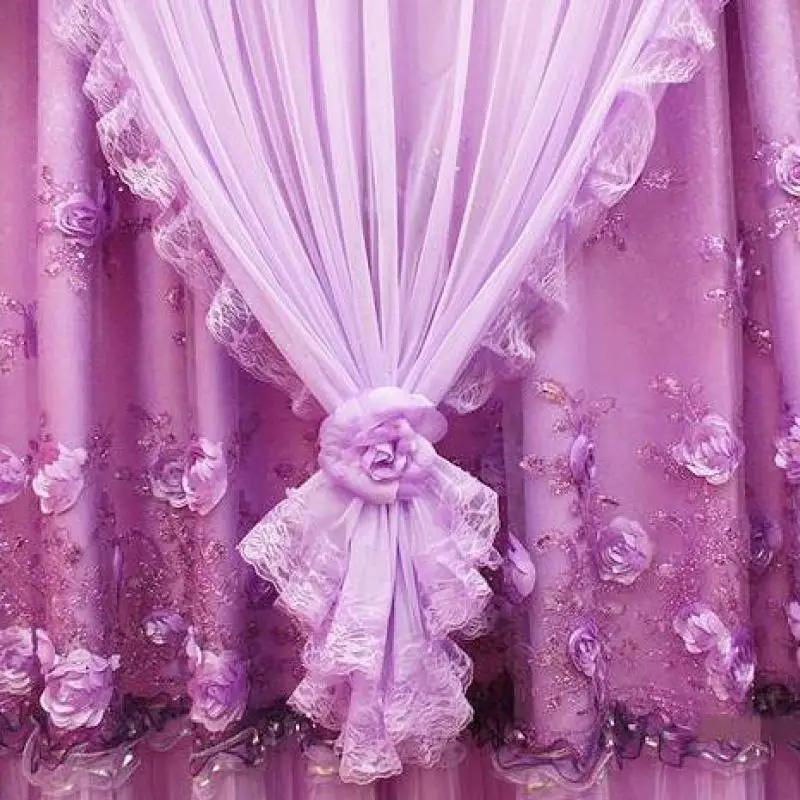 High Quality Lace Curtain Princess Beautiful Living Room Curtains Bedroom Wedding Flower Pink Purple 4 layers | Дом и сад