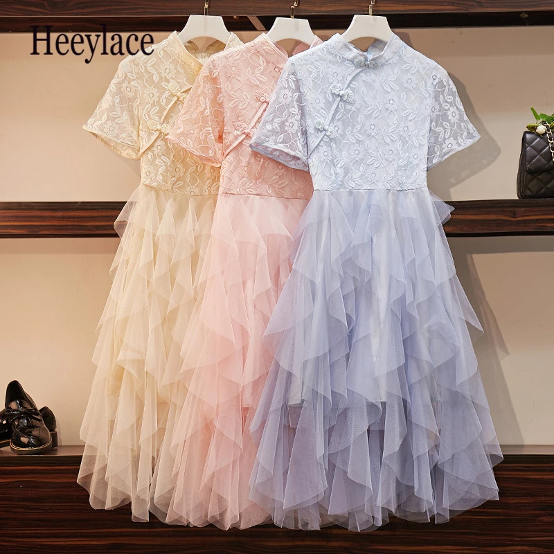 Plus Size Elegant Lace Cheongsam Crochet Party Dress Women Summer Bodycon Fit Flare Layer Ruffle Irregular Mesh Midi Dresses 5XL