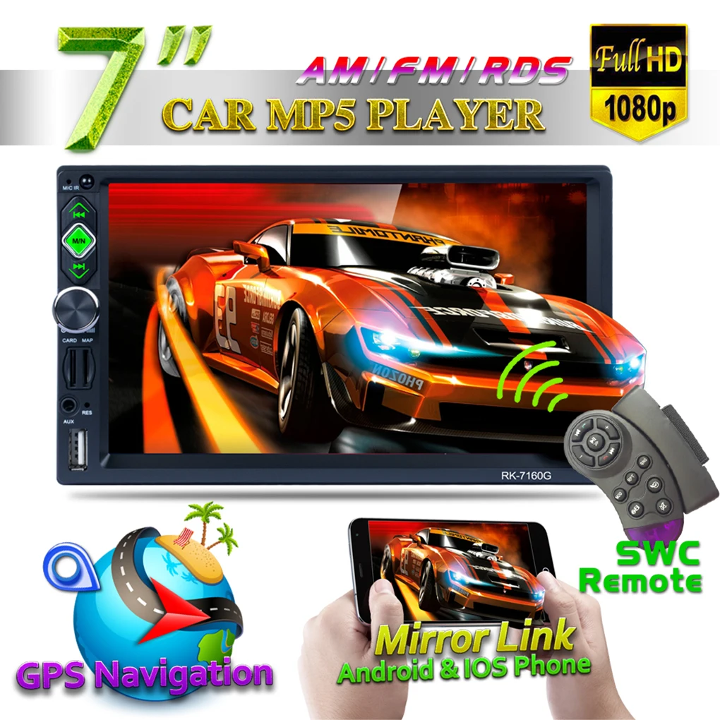 

7" Double 2 Din 1080P HD Car Radio Video Stereo GPS Mirror Link for Android iOS with RDS/AM/FM Camera Free 8G Map