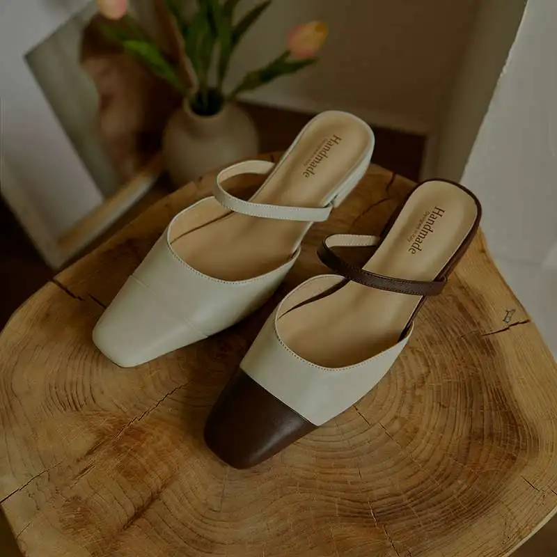 

Lenkisen vintage mixed colors full grain leather square toe low heel slip on mules beauty lady daily wear basic women pumps L91