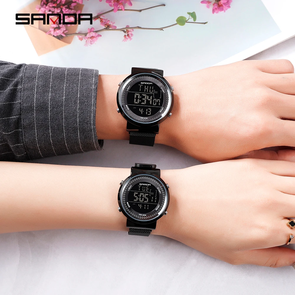 SANDA New Fashion Stainless Steel Mesh Belt Waterproof Quartz Watch Sports Electronic Digital Couple Watch For Men Women Watches