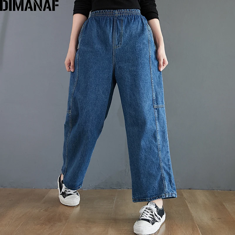 

DIMANAF Oversize Women Jeans Pants Long Pants Straight Loose Vintage Denim Blue Lady Trousers Female Elastic Waist Pocket 2021