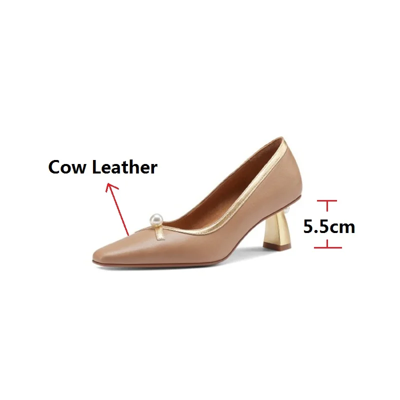 

LeShion Of Chanmeb Stylish Pearls Gold Strange Heeled Party Wedding Shoes Pumps Women Cow Genuine Natural Leather Shoes Pumps 40