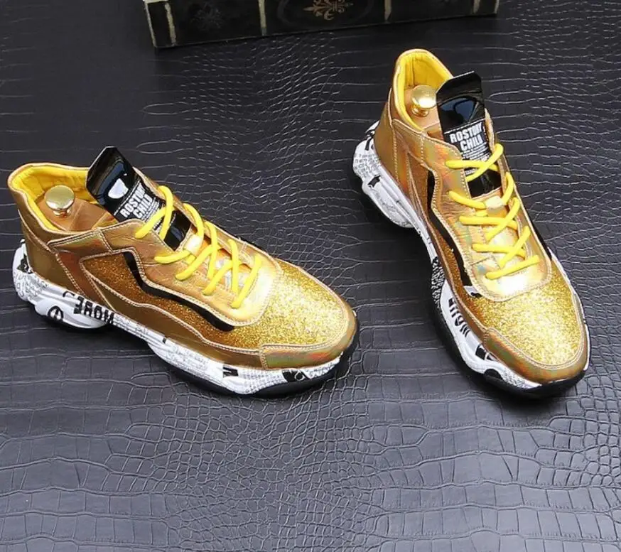 

designer Men Gold Sparkling sequins platform flats Shoes skateboard Man Trending Sneakers for streets web celebrity