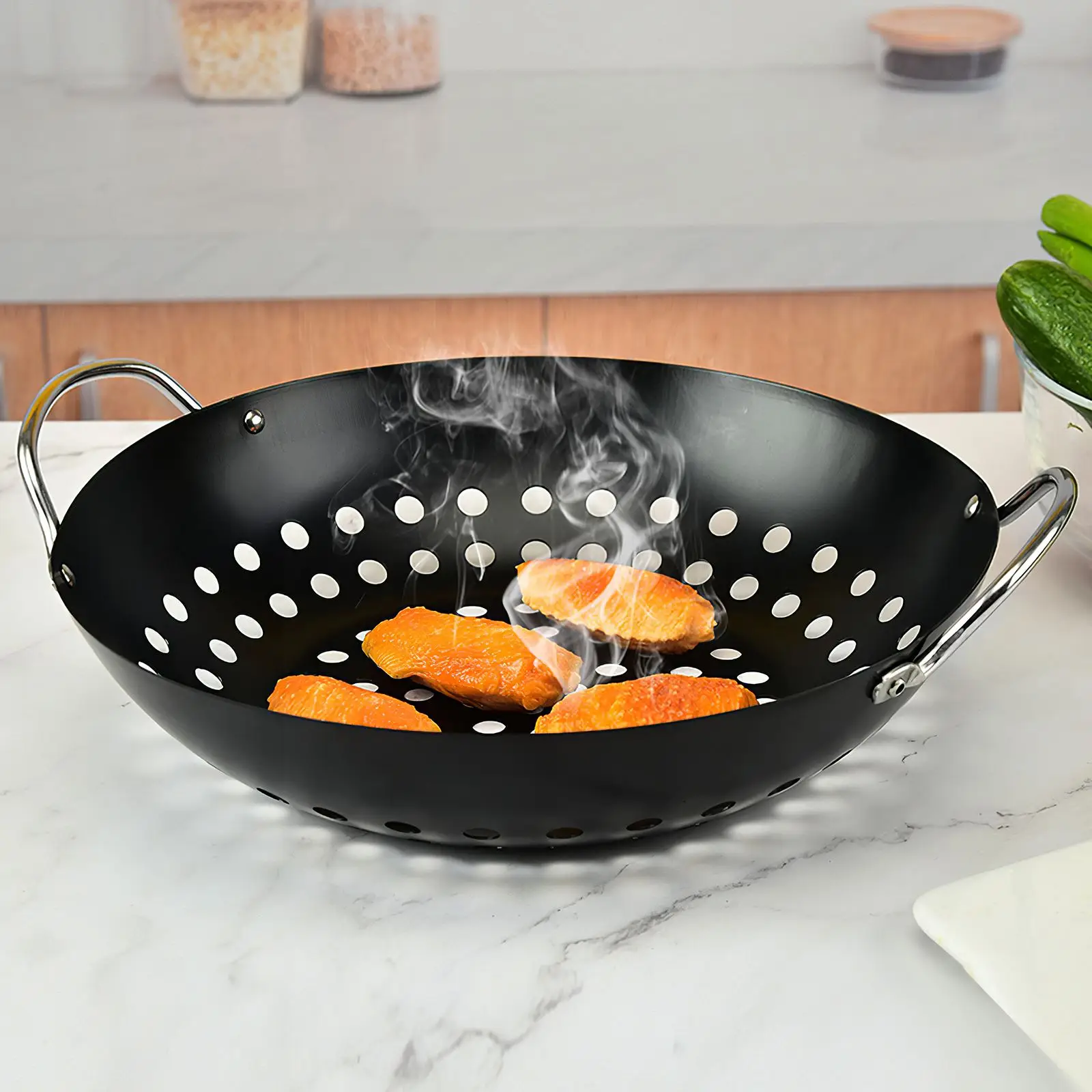 

Round Grill Tray Grill Basket Barbecue Fried Vegetables Basket Non-Stick Barbecue Bowl Simple Design With Convenient Handle
